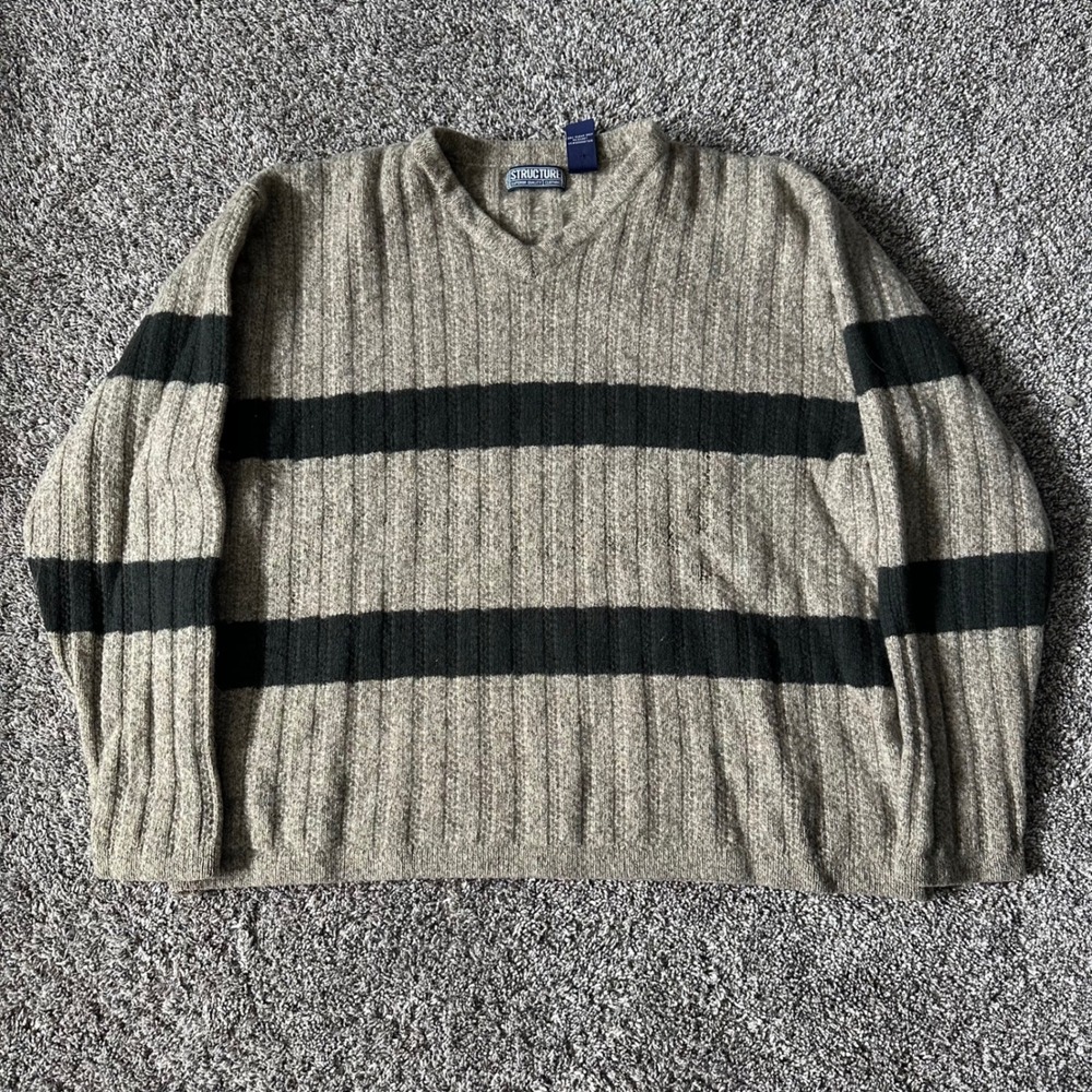 Vintage Lambswool V-Neck Sweater Tan Black Striped Ribbed Mens XL Structure